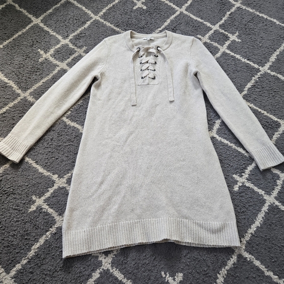Madewell Merino Wool Long Sleeve Lace Up Front Cream Oatmeal Sweater Dress M - Picture 3 of 11